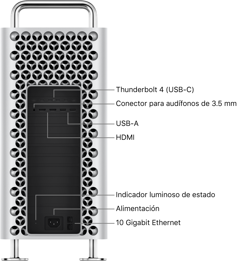 Una vista lateral de una Mac Pro mostrando los seis puertos Thunderbolt 4 (USB-C), un conector para audífonos de 3.5 mm, dos puertos USB-A, dos puertos HDMI, un indicador luminoso de estado, un puerto de corriente y dos puertos 10 Gigabit Ethernet.