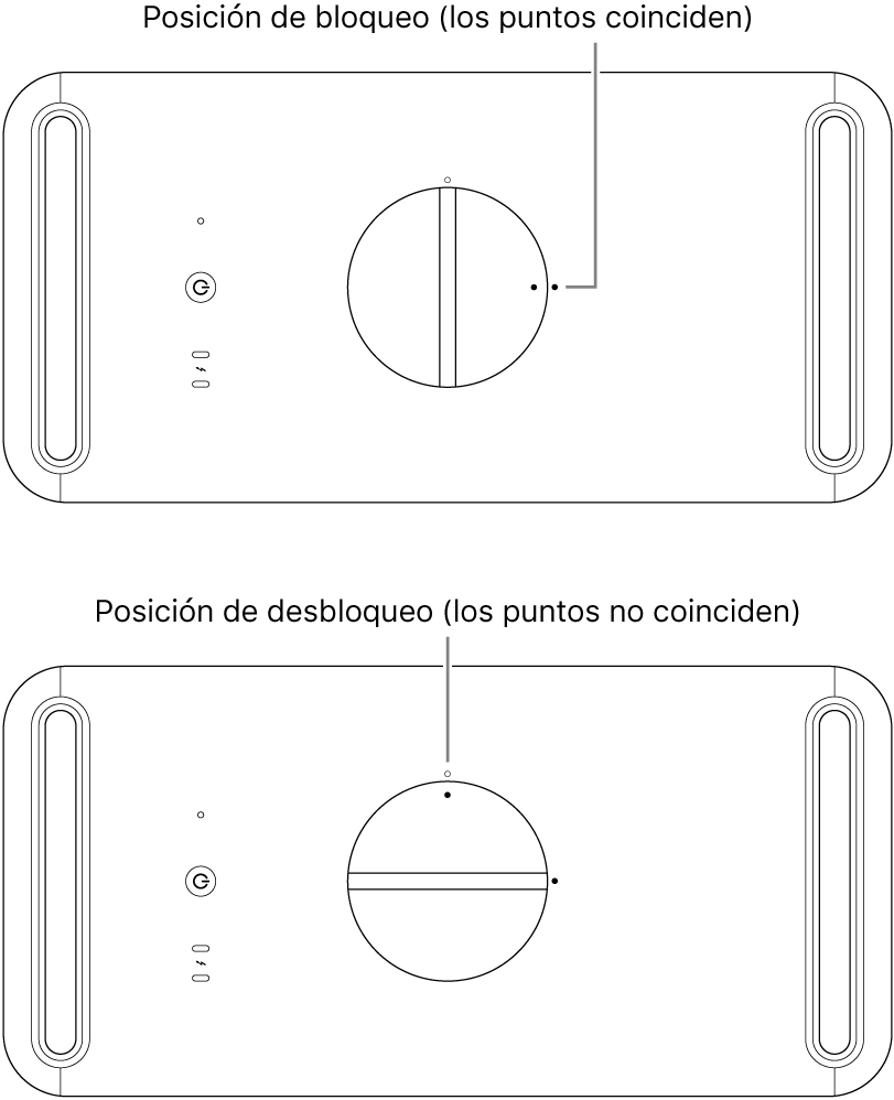 Parte superior de la carcasa del ordenador donde se muestra el cierre en las posiciones de bloqueo y de desbloqueo.