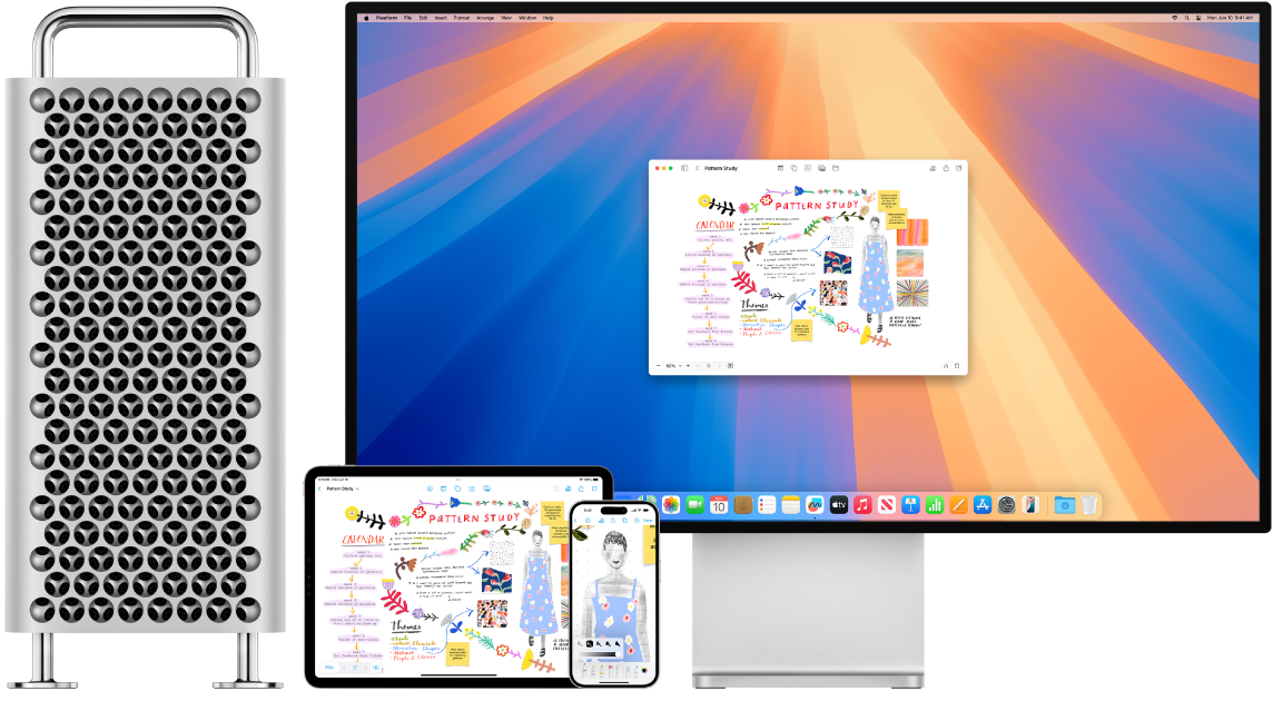 Mac, iPhone et iPad affichant le même tableau Freeform.