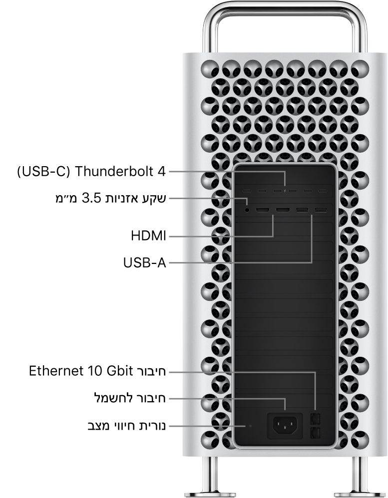 מבט מהצד על Mac Pro המציג שש יציאות של Thunderbolt 4‏ (USB-C), מחבר האוזניות של 3.5 מ״מ, שתי יציאות USB-A, שתי יציאות HDMI, נורית מחוון המצב, יציאת ספק כוח ושתי יציאות Ethernet ‏10 ג׳יגה סיביות.