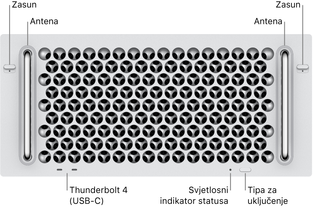 Prednji dio Mac Pro računala s prikazom dviju kukica, dviju antena, tipke za uključivanje, svjetlosnog indikatora sustava i dviju Thunderbolt 4 (USB-C) priključnice.