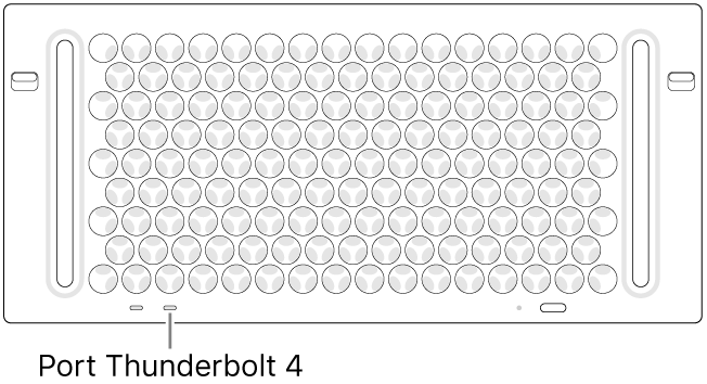 Bagian atas Mac Pro, menunjukkan port Thunderbolt 4 mana yang harus digunakan.