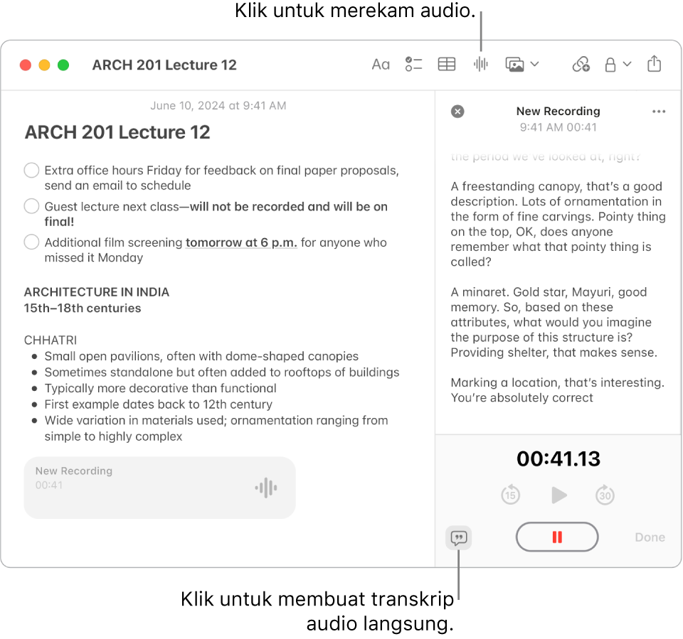 Jendela Catatan menampilkan catatan dengan daftar centang, daftar berpoin, dan rekaman audio. Jendela Detail Audio terbuka dan menampilkan transkripsi rekaman audio.