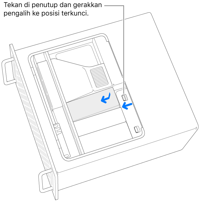 Memasang ulang penutup SSD dengan memindahkan pengalih gembok ke kiri dan menekan di penutup SSD.