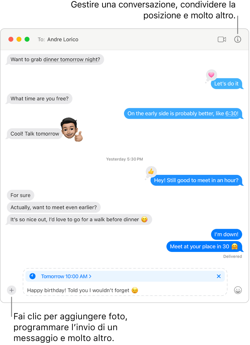 Una finestra di Messaggi mostra una conversazione. L’invio di un messaggio è previsto per domani alle 10:00. Il messaggio dice: “Buon compleanno! Ti avevo detto che non l’avrei dimenticato”.