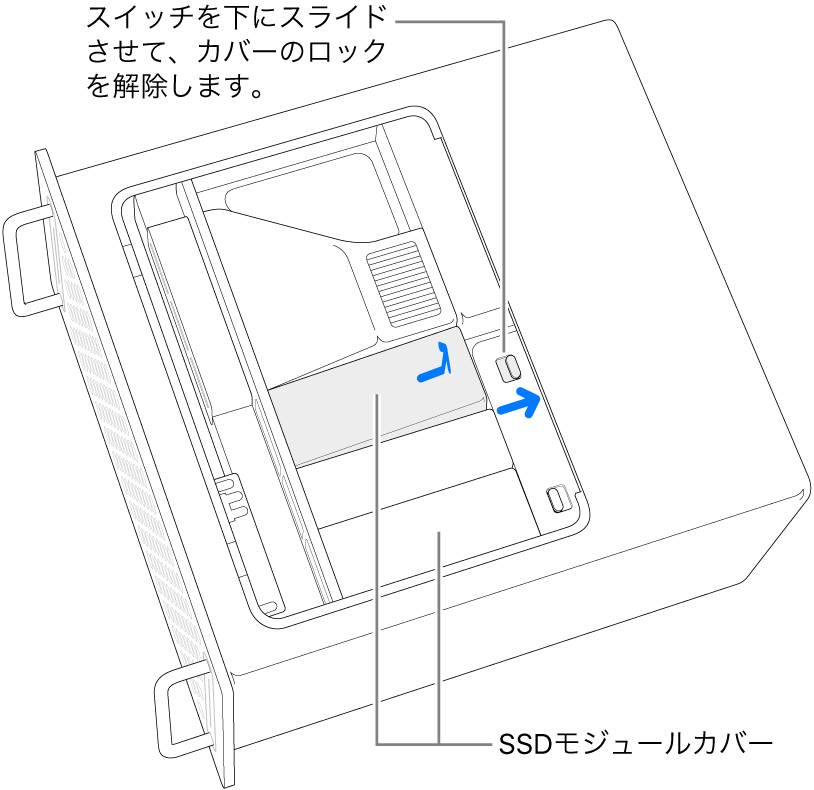 スイッチが右に移動され、SSDカバーのロックが解除されています。