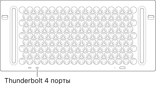 Пайдалану үшін дұрыс Thunderbolt 4 портын көрсетіп тұрған Mac Pro компьютерінің жоғарғы жағы.