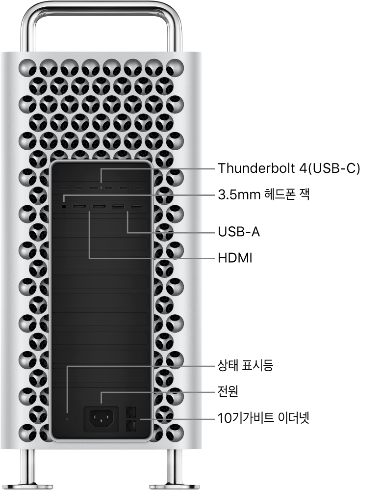 Thunderbolt 4(USB-C) 포트 6개, 3.5mm 헤드폰 잭, USB-A 포트 2개, HDMI 포트 2개, 상태 표시등, 전원 포트 및 10Gbit 이더넷 포트 2개가 있는 Mac Pro를 옆에서 본 모습.