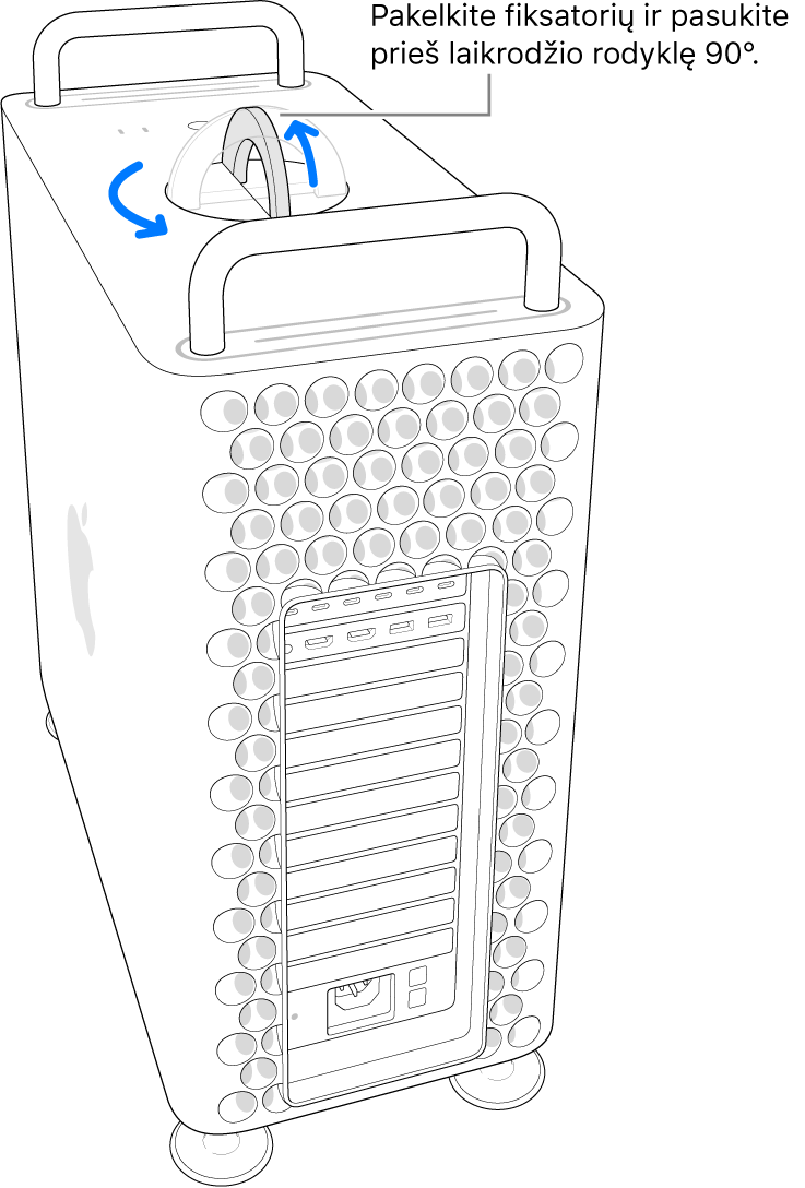 Pirmas veiksmas, kuriuo nuimamas kompiuterio korpusas, pakeliant skląstį ir pasukant jį 90 laipsnių.