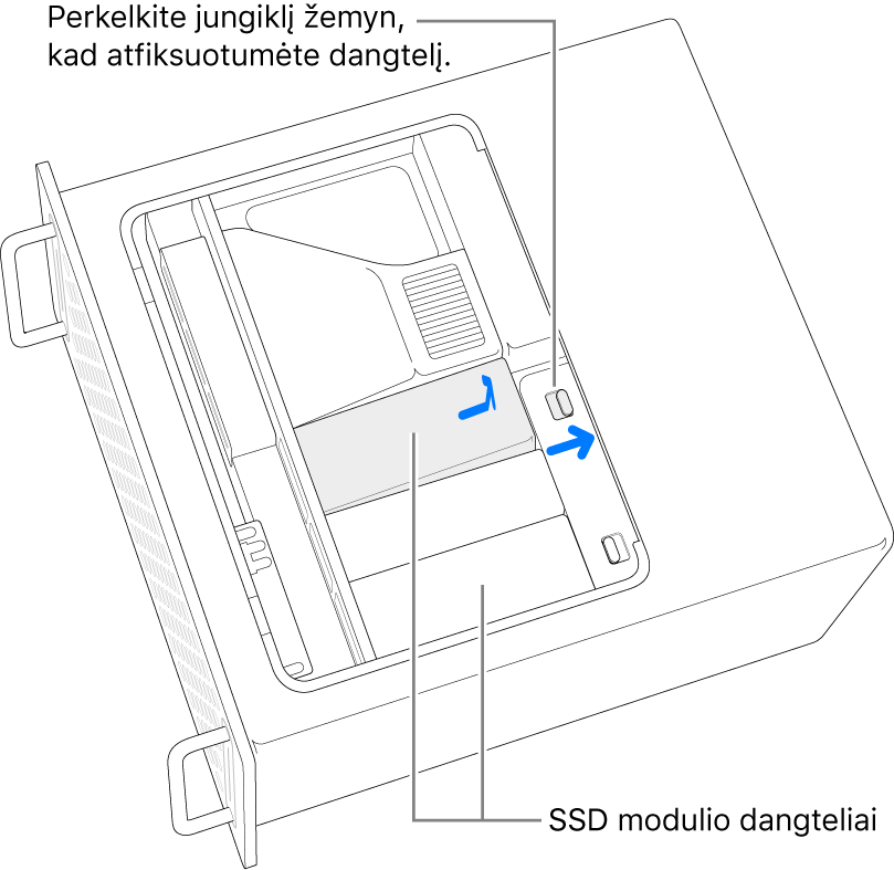 Perjungiklis pastumiamas į dešinę, kad atsirakintų SSD dangtis.