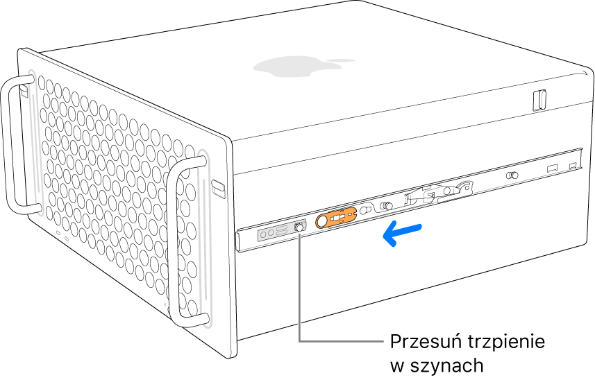 Mac Pro oraz szyna przesuwana do przodu blokowana we właściwej pozycji.