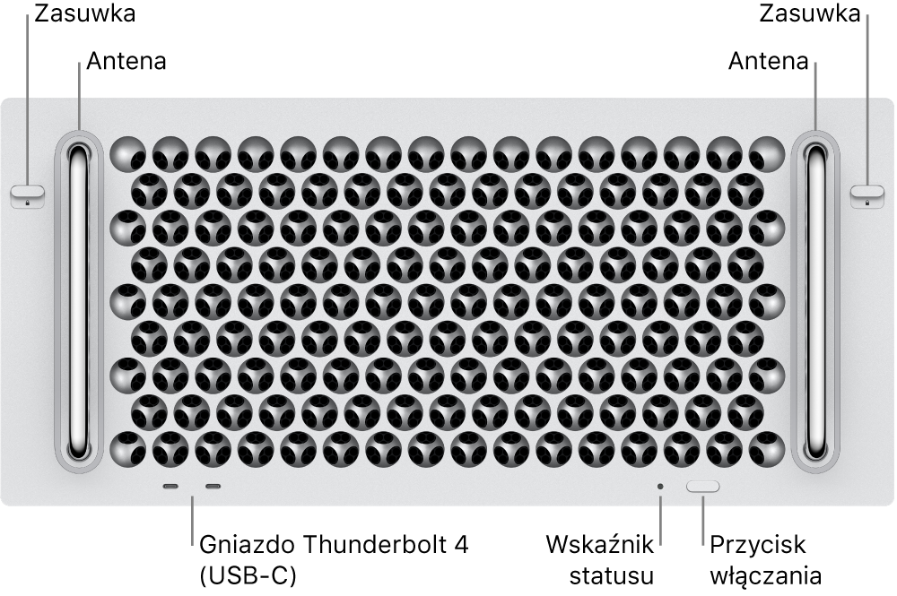 Widok Maca Pro z przodu, na którym widać dwa zatrzaski, dwie anteny, przycisk zasilania, lampkę wskaźnika statusu i dwa gniazda Thunderbolt 4 (USB-C).