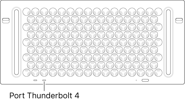 Vrchná strana Macu Pro so znázornením správneho Thunderbolt 4 portu, ktorý sa má použiť.