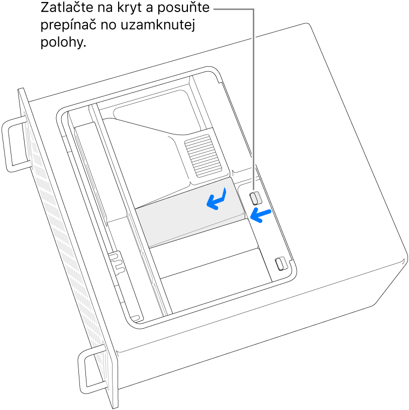 Namontovanie SSD krytov posunutím prepínača uzamknutia doľava a zatlačením krytu SSD smerom nadol.