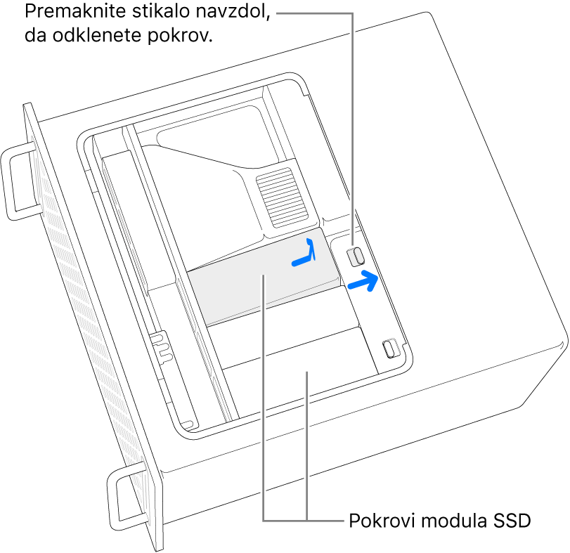 Premikanje stikala v desno, da odklenete pokrov SSD.