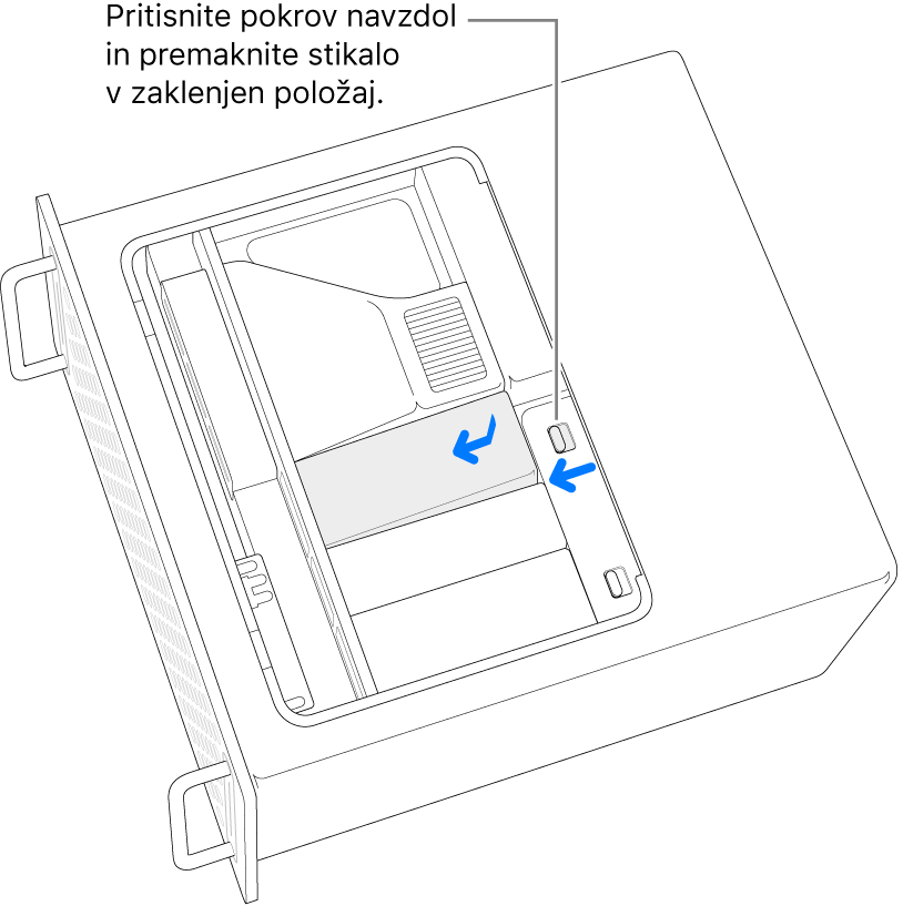 Ponovno namestite pokrove SSD tako, da stikalo za zaklepanje premaknete v levo in pritisnete navzdol na pokrov SSD.