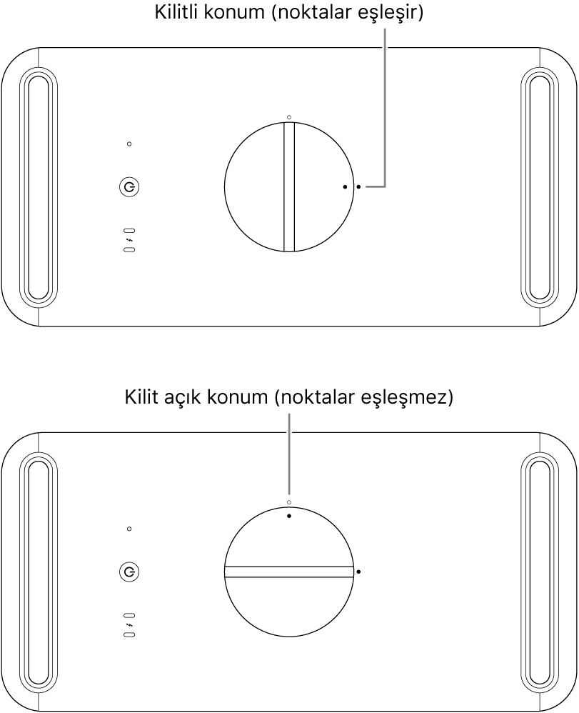 Kilitli ve kilidi açık konumda mandalı gösteren bilgisayar kasasının üstü.