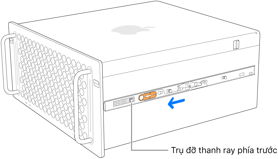 Mac Pro với thanh ray đang trượt về phía trước và khóa vào đúng vị trí.