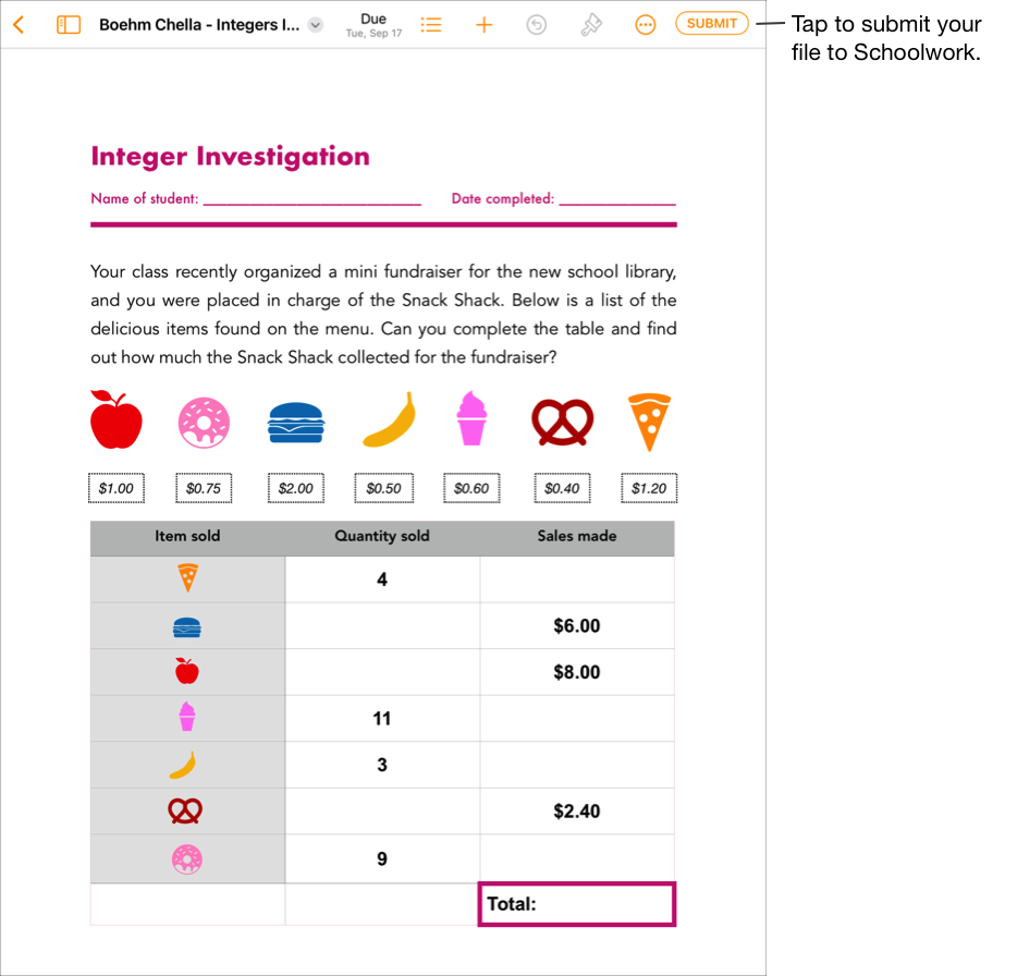 Primjer datoteke za suradnju polaznika. Kada dokument bude spreman za slanje u aplikaciju Schoolwork, polaznik dodiruje opciju Pošalji u gornjem desnom kutu prozora aplikacije iWork Pages.