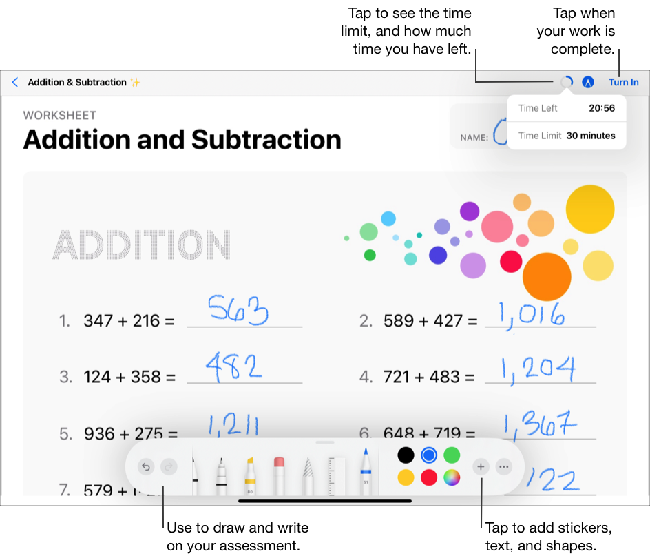 評量範例「Addition and Subtraction.」。使用標示工具，在評量上畫圖寫字。點一下「新增」按鈕以加入貼圖（僅限可看書作答的評量）、文字和形狀。點一下倒數計時器可查看時限和剩餘時間。完成後，點一下「提交」。 