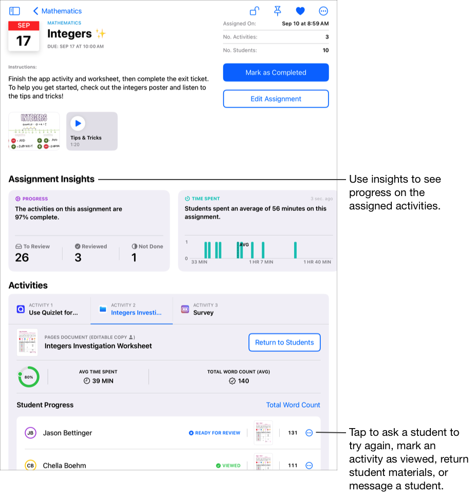 Un exemple de la vista de detalls d’una tasca que mostra els dades de progrés detallades de l’activitat seleccionada. Utilitza les dades per veure el progrés de les activitats assignades. Toca el botó “Més opcions” per demanar a un alumne que repeteixi la feina, marcar una activitat com a vista, tornar materials als alumnes o escriure un missatge a un/a alumne/a.