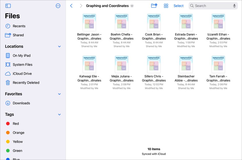 Der Ordner Schoolwork > Mathematik > Diagramme und Koordinaten in iCloud Drive zeigt zehn Keynote-Dateien von Schüler:innen.