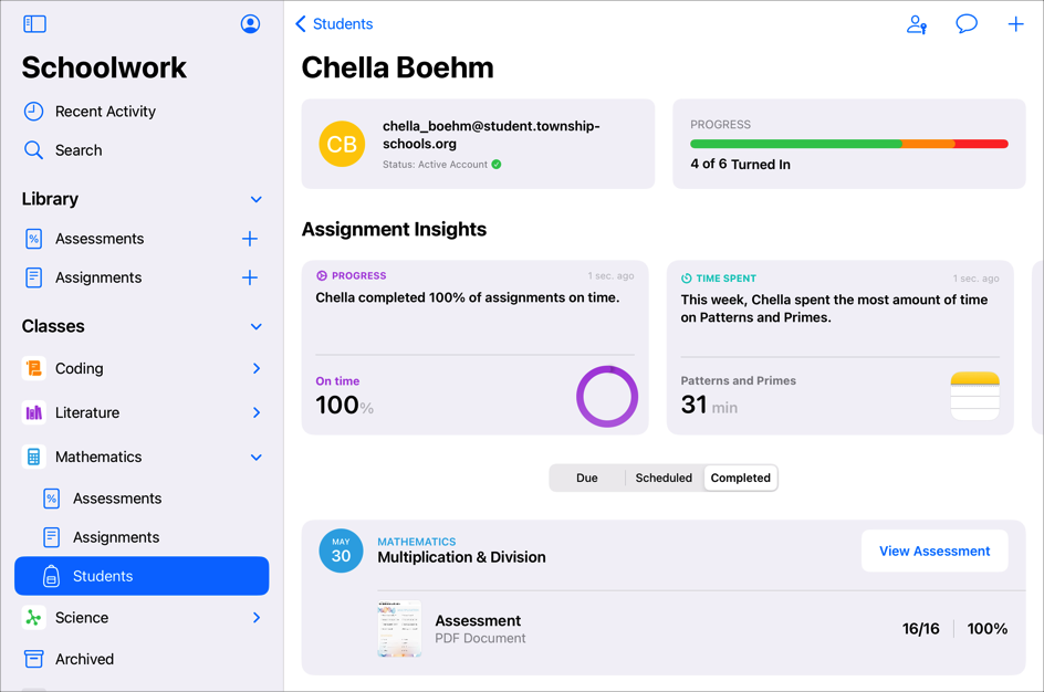 A sample student progress view showing progress data for the selected student. The progress data shows the student submitted in four out of six assessments and assignments. The student progress view also includes insights to show progress, performance, time spent and frequency trends for the selected student.