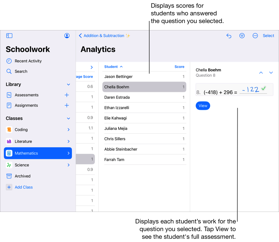 A sample Analytics view displaying scores for students how answered the question you selected. You can also view each student’s work for the question you selected, then tap View to see the student’s full assessment.