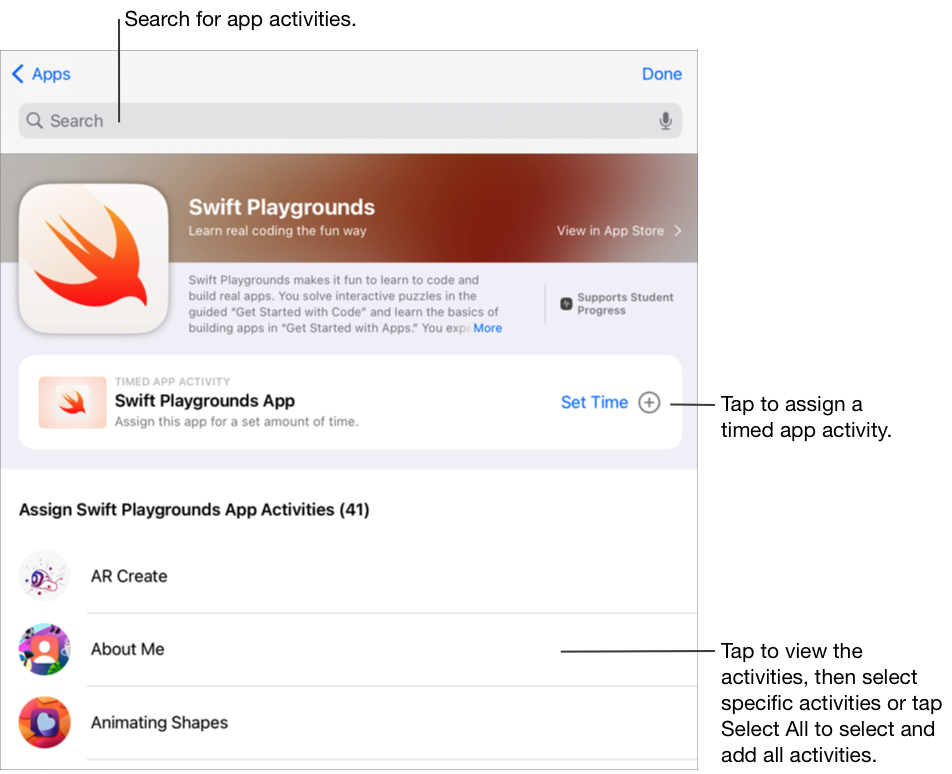 The App Detail pop-up pane showing the activities available in the Swift Playgrounds app. Tap Set Time to add the app as a timed app activity. Tap to view the activities, then select a specific activity or tap Select All to select and add all activities within the app. You can also search for app activities.