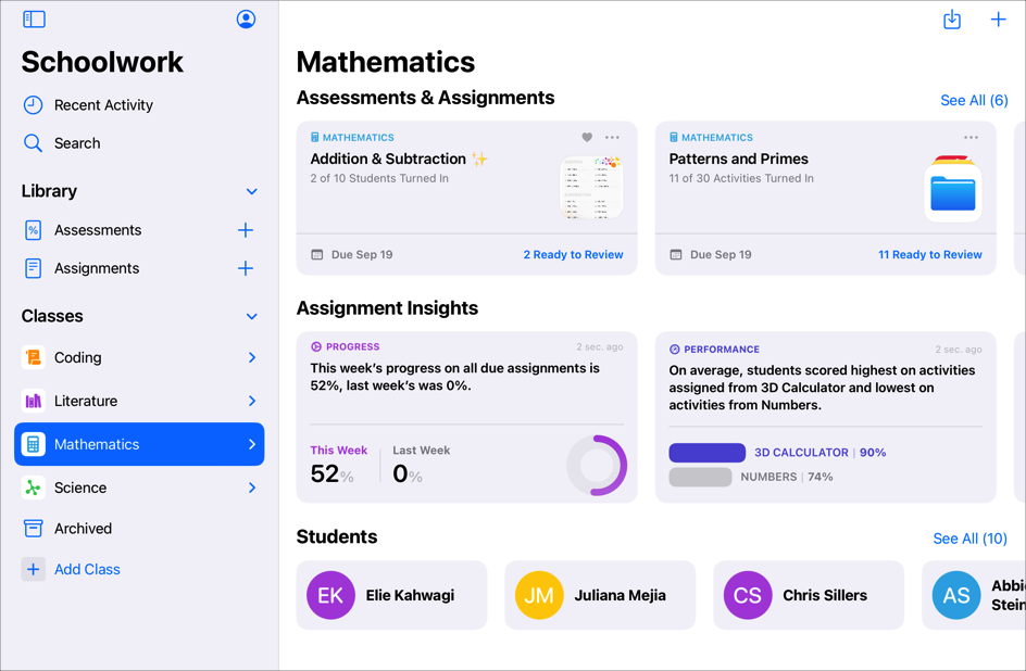 A sample class view showing work due, class insights and students. To see how an individual student is doing on all their work and determine if they need extra challenges or attention, tap a student name.