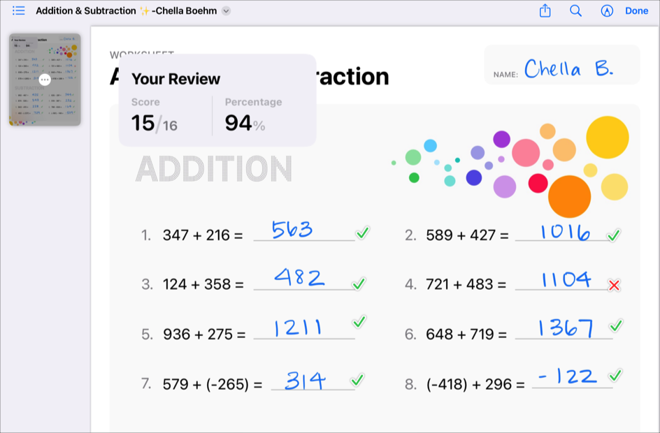 A sample of a student’s returned assessment with review card, including marks indicating correct and incorrect answers.