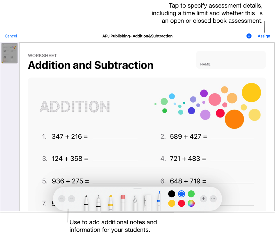 A sample assessment ready to assign to your students. Use the Markup tools to add additional notes and information for your students. Tap Assign to specify assessment details, including a time limit and whether this is an open or closed book assessment.