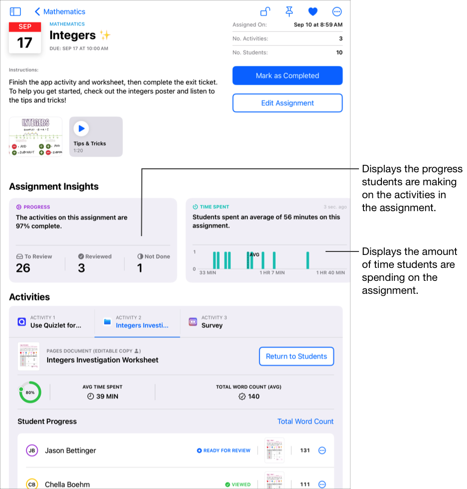 A sample assignment details view showing detailed progress data for the selected activity, including percentage complete, average time spent, and average total word count for the class. The progress insights card displays the progress students are making on the activities in the assignment. The time spent insights card indicates the amount of time students are spending on the assignment.