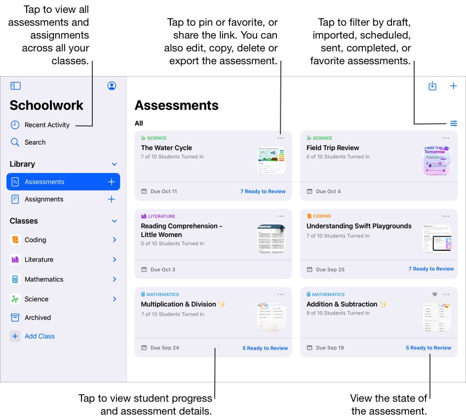 Assessments view showing all assessments across all your classes. Tap the Filter button, then tap Drafts, Imported, Scheduled, Sent, Completed, or Favorites. In addition to Assessments, the Schoolwork sidebar contains Recent Activity, Search, Assignments, four class views (Coding, Literature, Mathematics, and Science), and the class archive view. To view student progress and assessment details, tap an assessment. Assessment cards display the state of the assessment. Tap the More Options button to pin or favorite the assessment or assignment, or share the link. You can also edit, copy, delete, or export the assessment or assignment. You can also tap Recent Activity to view all assessments and assignments across all your classes.