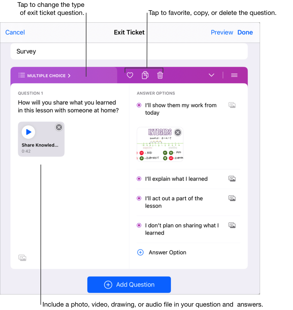 A sample multiple choice exit ticket showing the title, the first multiple choice question with an audio file, and four answer options. Tap the Multimedia button to include a photo, video, drawing, or audio file in each answer. This sample includes an image in the first answer option in addition to the text. Tap Multiple Choice to change the type of exit ticket question (multiple choice, slider, open response, rating). You can also tap to favorite, copy, or delete the exit ticket question.