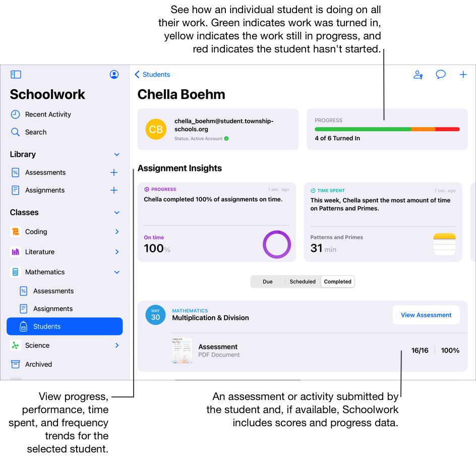 Ejemplo de una vista del progreso del estudiante que muestra que este entregó cuatro de seis evaluaciones y tareas. Usa la vista del progreso del estudiante para ver cómo le está yendo a un estudiante específico en todas las evaluaciones y tareas y determinar si necesita mayor complejidad o atención. En la barra de progreso en la parte superior, se muestra el estado y la información de la cuenta de los estudiantes, así como si hay evaluaciones y tareas entregadas (en verde), en curso (en amarillo) o que aún no se iniciaron (en rojo). Usa los detalles para ver tendencias de avance, rendimiento, tiempo dedicado y frecuencia del estudiante seleccionado. Para cada actividad, Tareas Escolares indica si el estudiante envió su entrega o no, así como la calificación y los datos del progreso, en caso de estar disponibles.