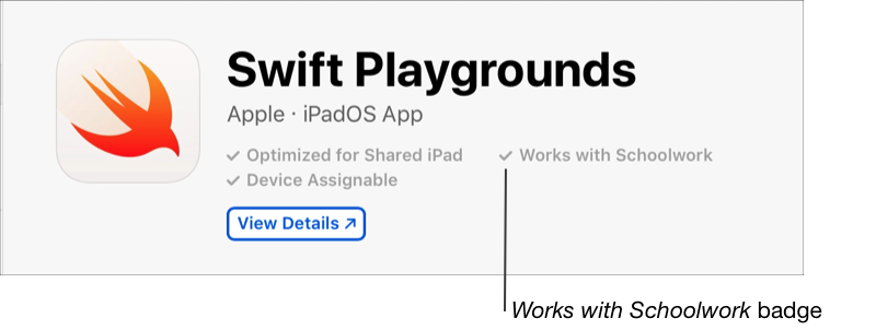 스쿨워크와 학습하기 배지를 보여주는 Swift Playgrounds 정보 페이지의 예입니다.