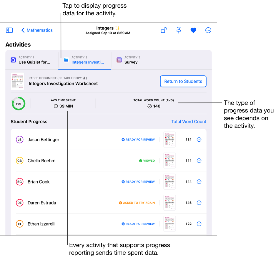 수업의 완료율, 평균 소요 시간 및 평균 총 단어 개수를 포함하여 선택한 교과 활동에 대한 자세한 진척도 데이터를 보여주는 샘플 과제의 세부사항 보기입니다. 활동 탭을 탭하여 교과 활동에 대한 진척도 데이터를 표시합니다. 학생의 학습 진척도 섹션에는 선택한 교과 활동에 대한 다섯 학생의 학습 진척도 데이터가 선택한 필터(소요 시간)에 따라 표시됩니다. 진척도 보고를 지원하는 모든 교과 활동은 소요 시간 데이터를 전송합니다.