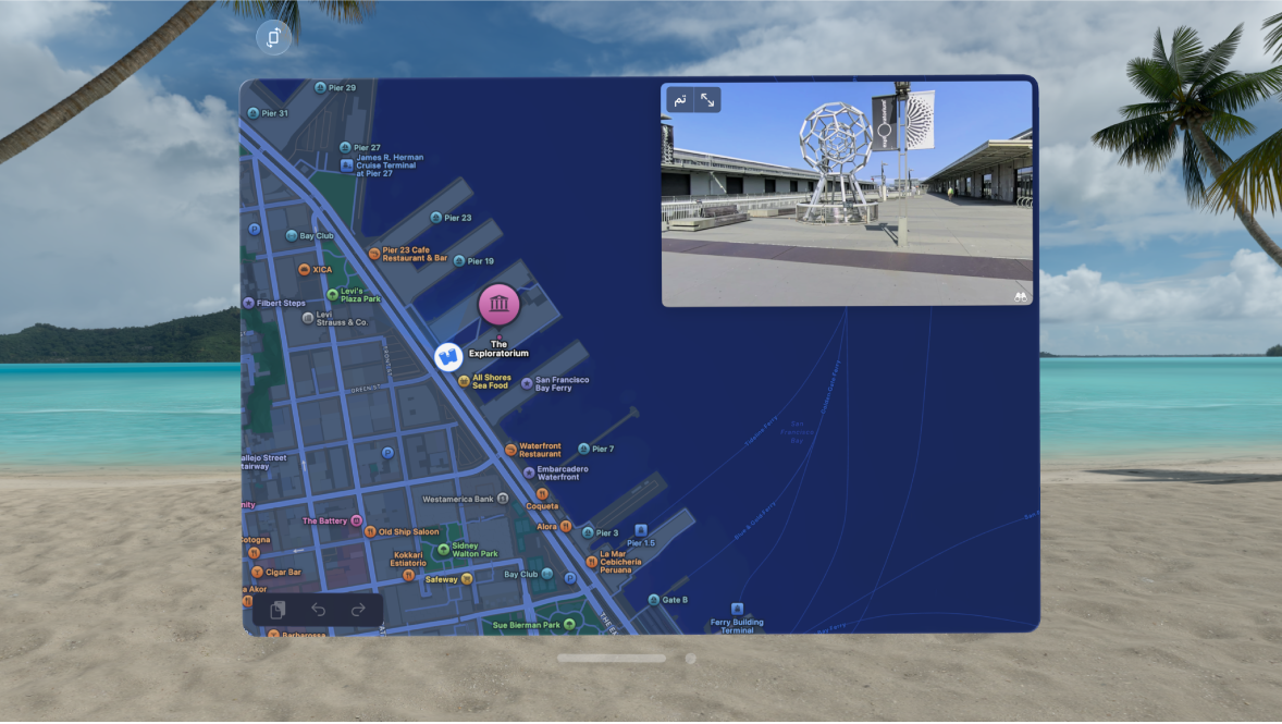 تطبيق الخرائط على Apple Vision Pro، يعرض مكانًا في ميزة انظر في الأنحاء.