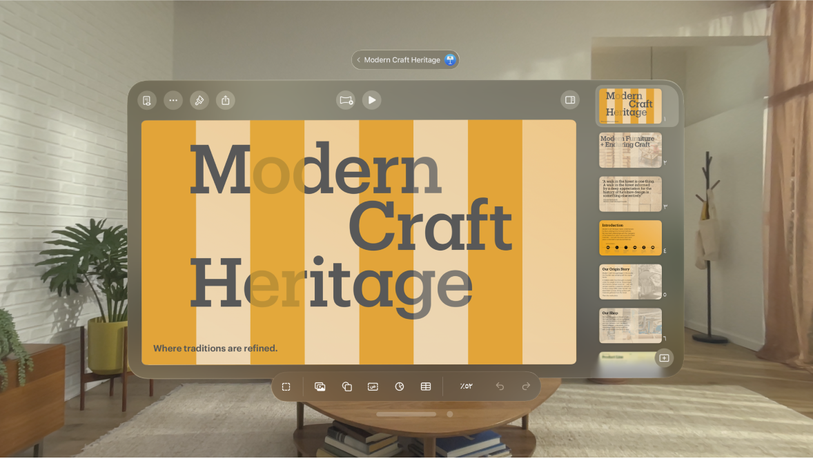 تطبيق Keynote على Apple Vision Pro، يُظهر العرض التقديمي في عرض التعديل، مع وجود زر عرض القراءة في الزاوية العلوية اليسرى.