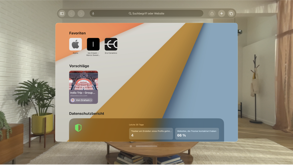Die App „Safari“ auf der Apple Vision Pro mit der Startseite.