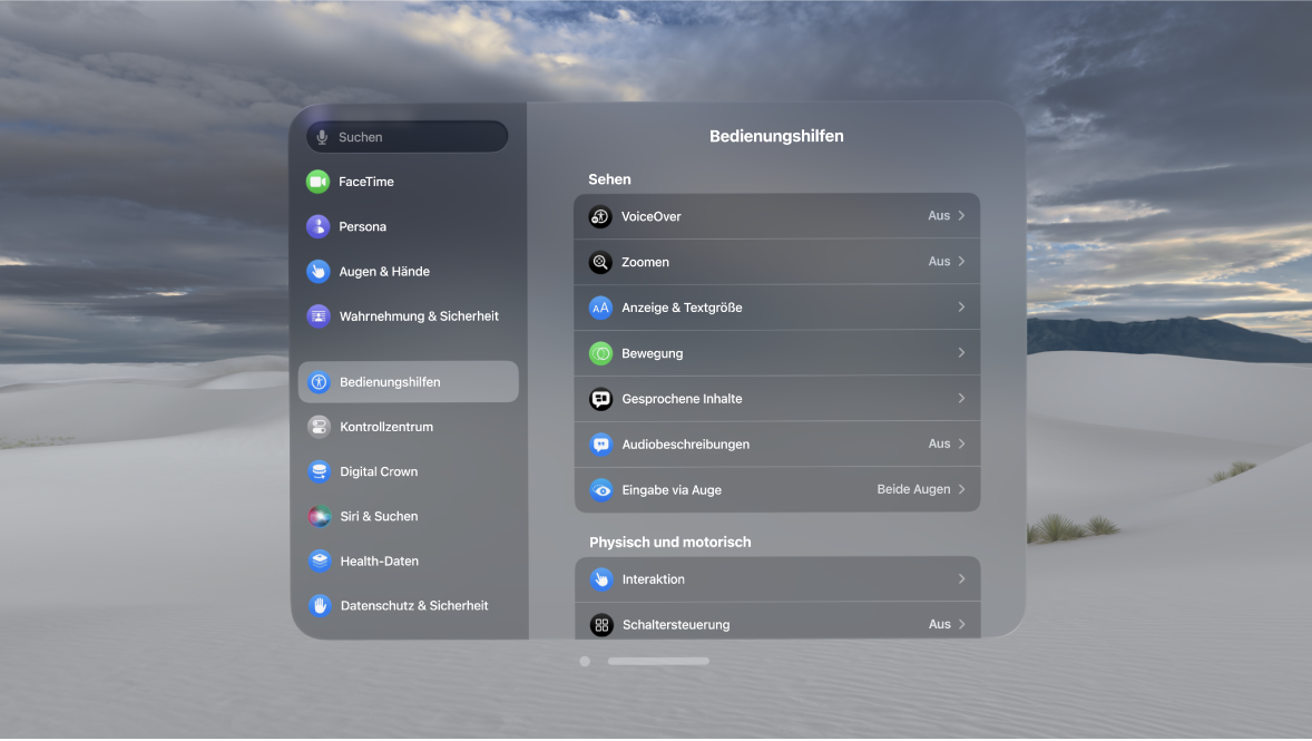 Einstellungen für die Bedienungshilfen auf der Apple Vision Pro mit Einstellungen wie „VoiceOver“, „Eingabe via Auge“ und „Schaltersteuerung“.