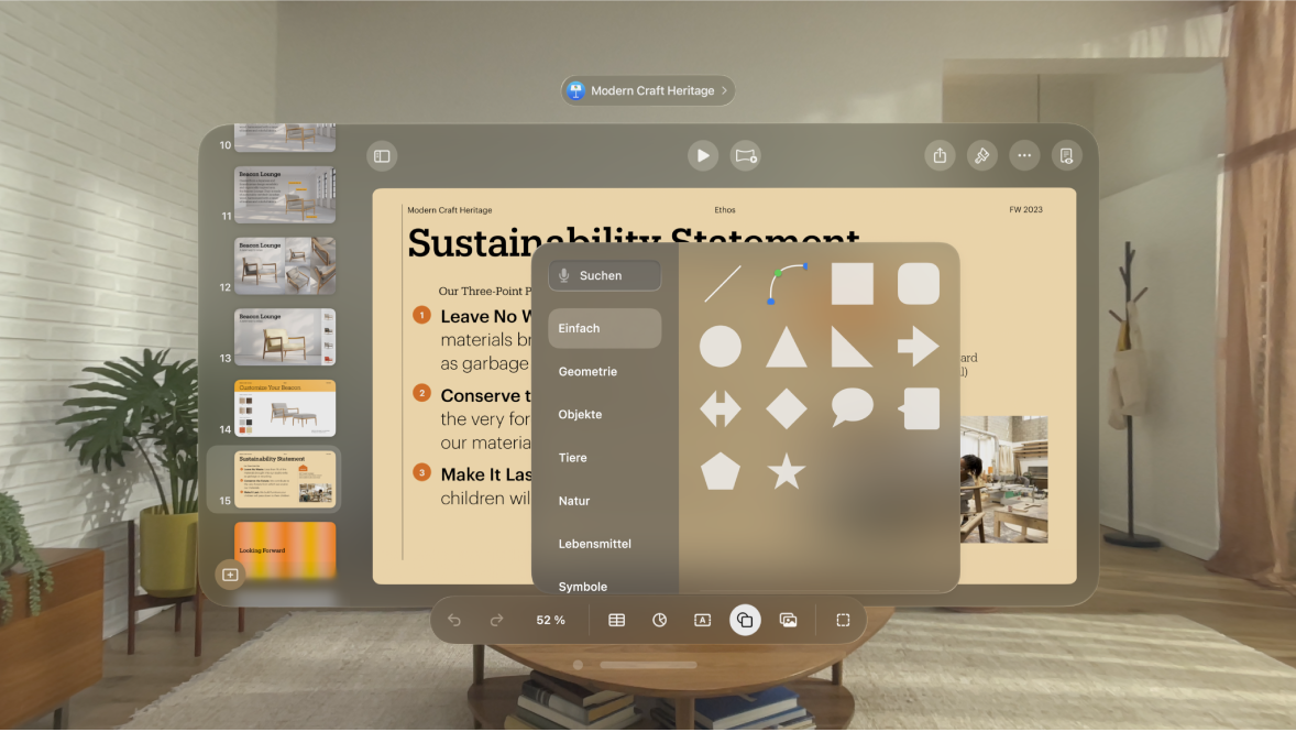 Die App „Keynote“ auf der Apple Vision Pro mit der Formensammlung.