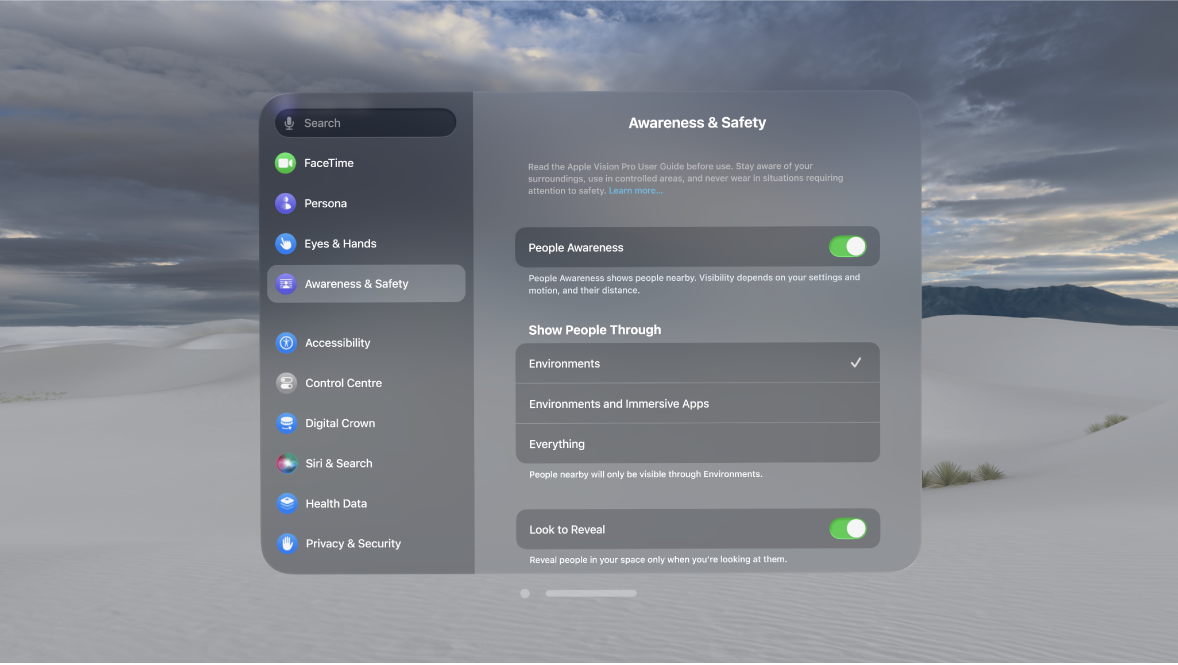 People Awareness settings on Apple Vision Pro, where you can turn People Awareness on or off, change when people are shown, turn Look to Reveal on or off, and delete your personalised EyeSight.