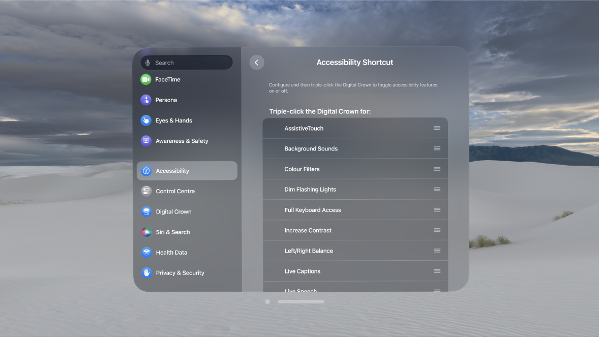 Accessibility Shortcut settings on Apple Vision Pro, showing features you can turn on and off with the Digital Crown.