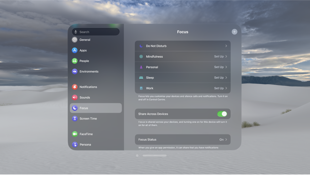 Focus settings on Apple Vision Pro, showing options to set up a focus, share across your devices and share Focus status.