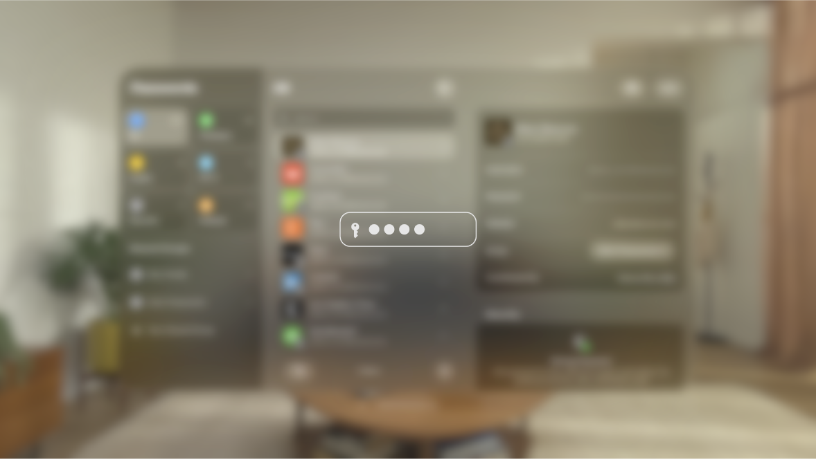 The view on Apple Vision Pro while a password is typed, as seen by someone watching on a mirrored display. The view is blurred, and an image indicates that the user is entering a password.
