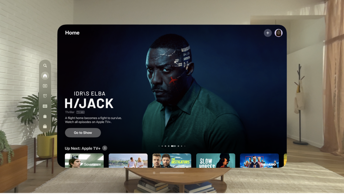 The Apple TV app on Apple Vision Pro, showing the TV+ tab. There are several shows visible to choose from.