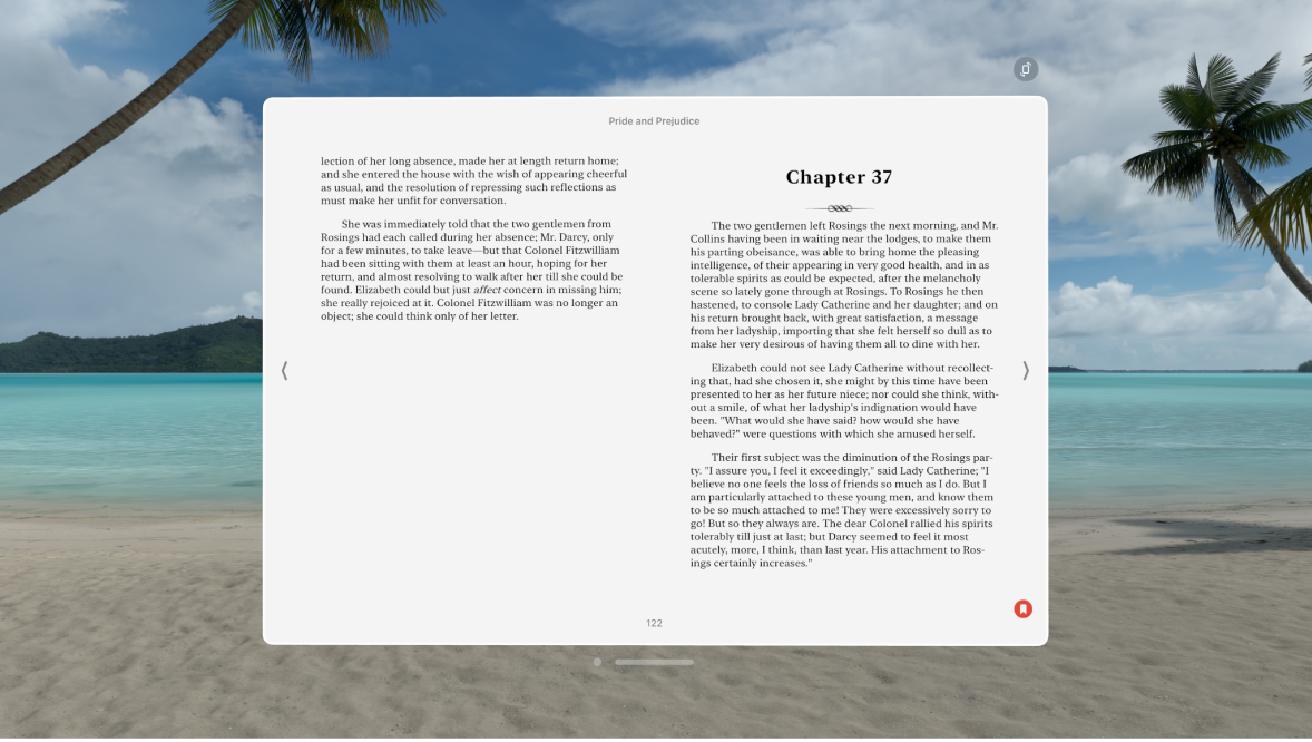 The Books app on Apple Vision Pro, with a book open and appearance settings visible at the bottom right.