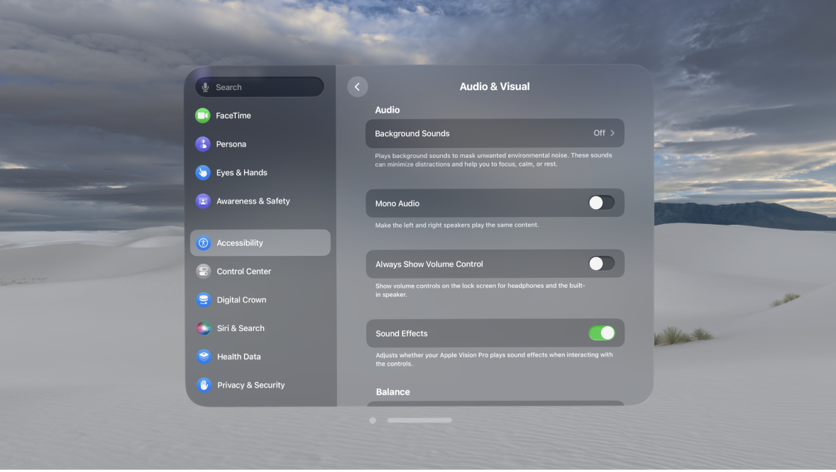 Audio & Visual settings on Apple Vision Pro, showing Sound Effects turned on.